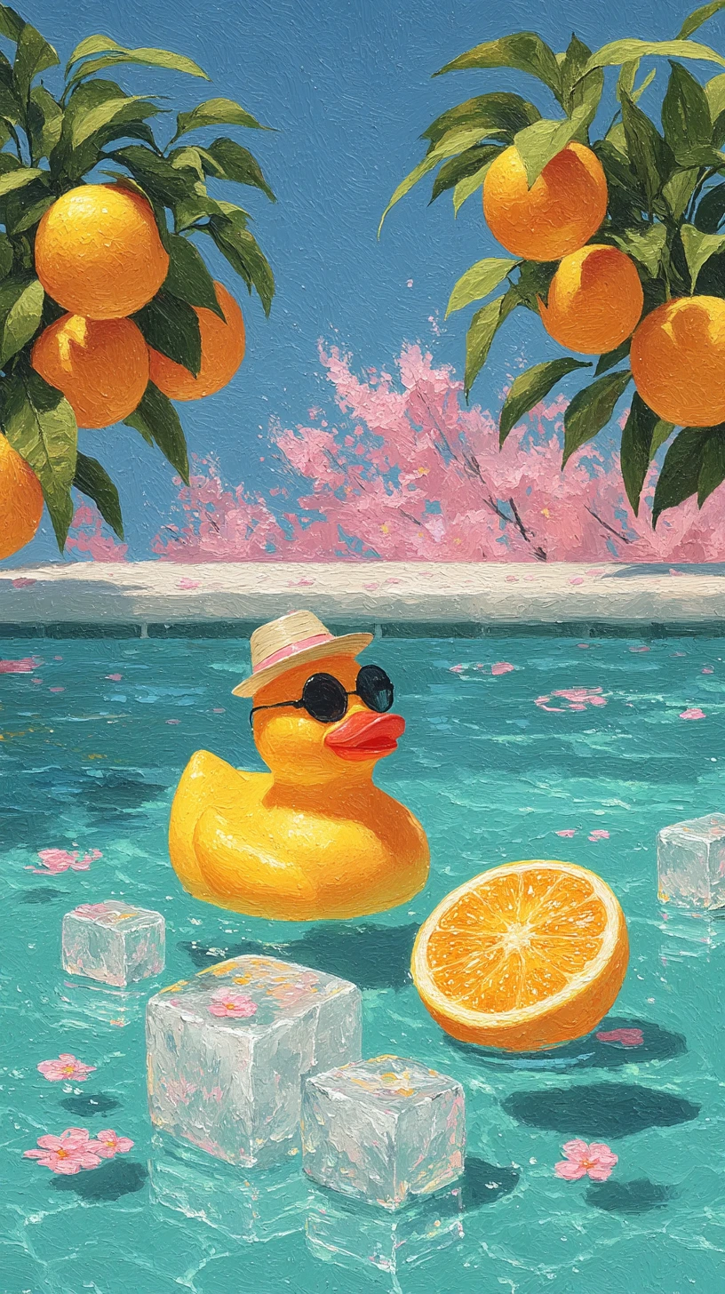 Piscina Surreal de Jugo de Naranja con Pato de Goma y Flores