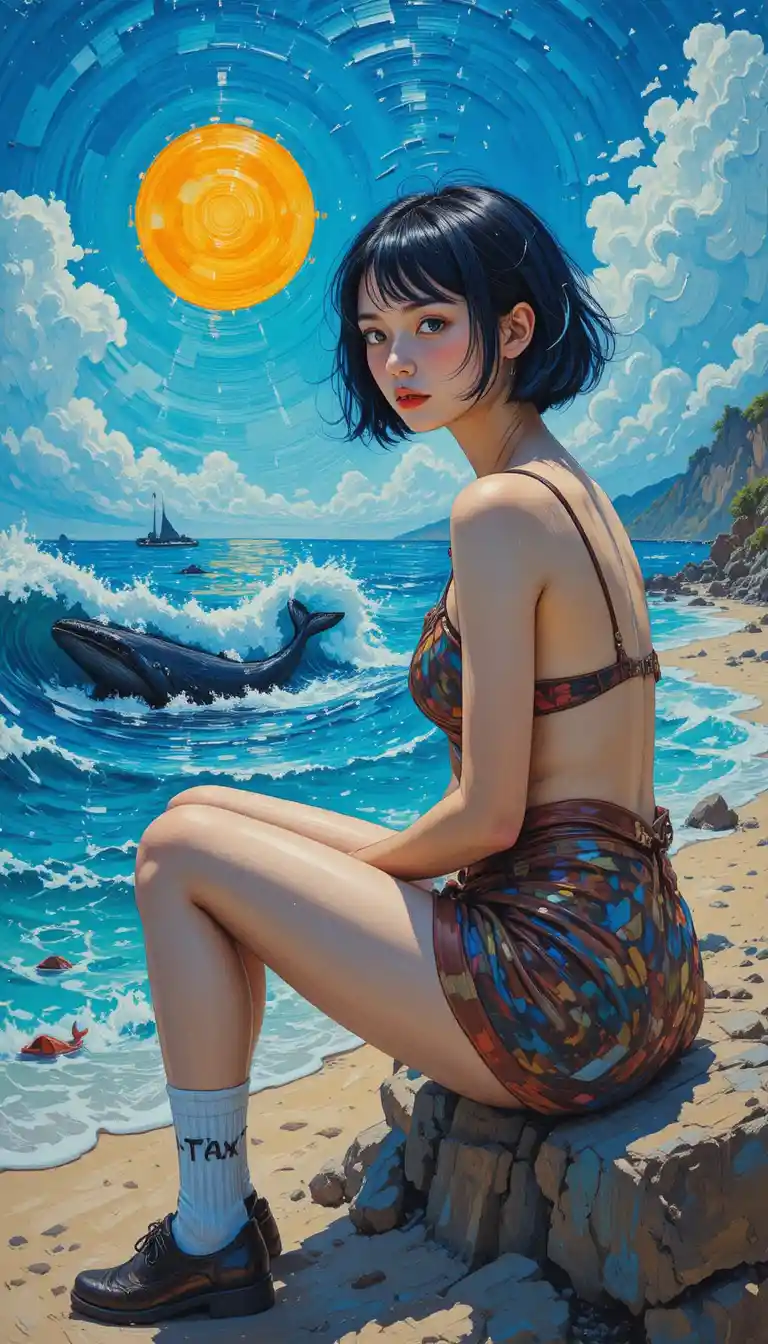Girl sitting by the ocean under bright sun at the beach