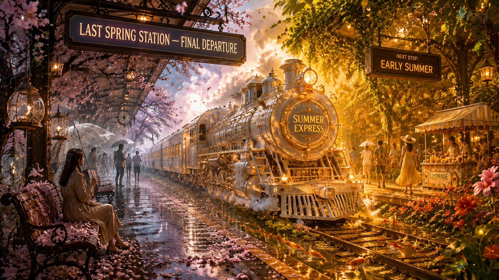 Surreal train station divided between spring rain and summer sun