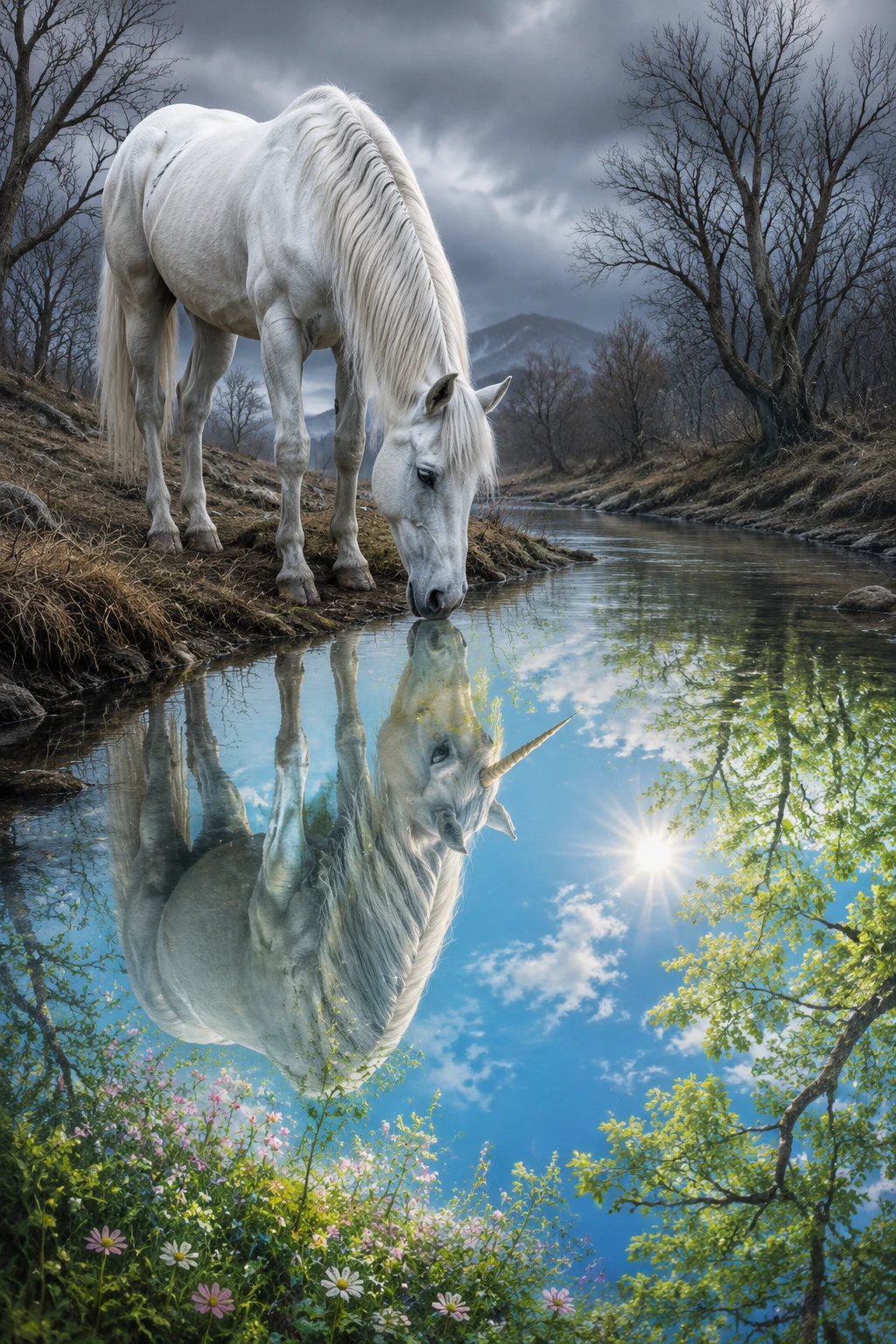 White horse by a stream with a magical reflection