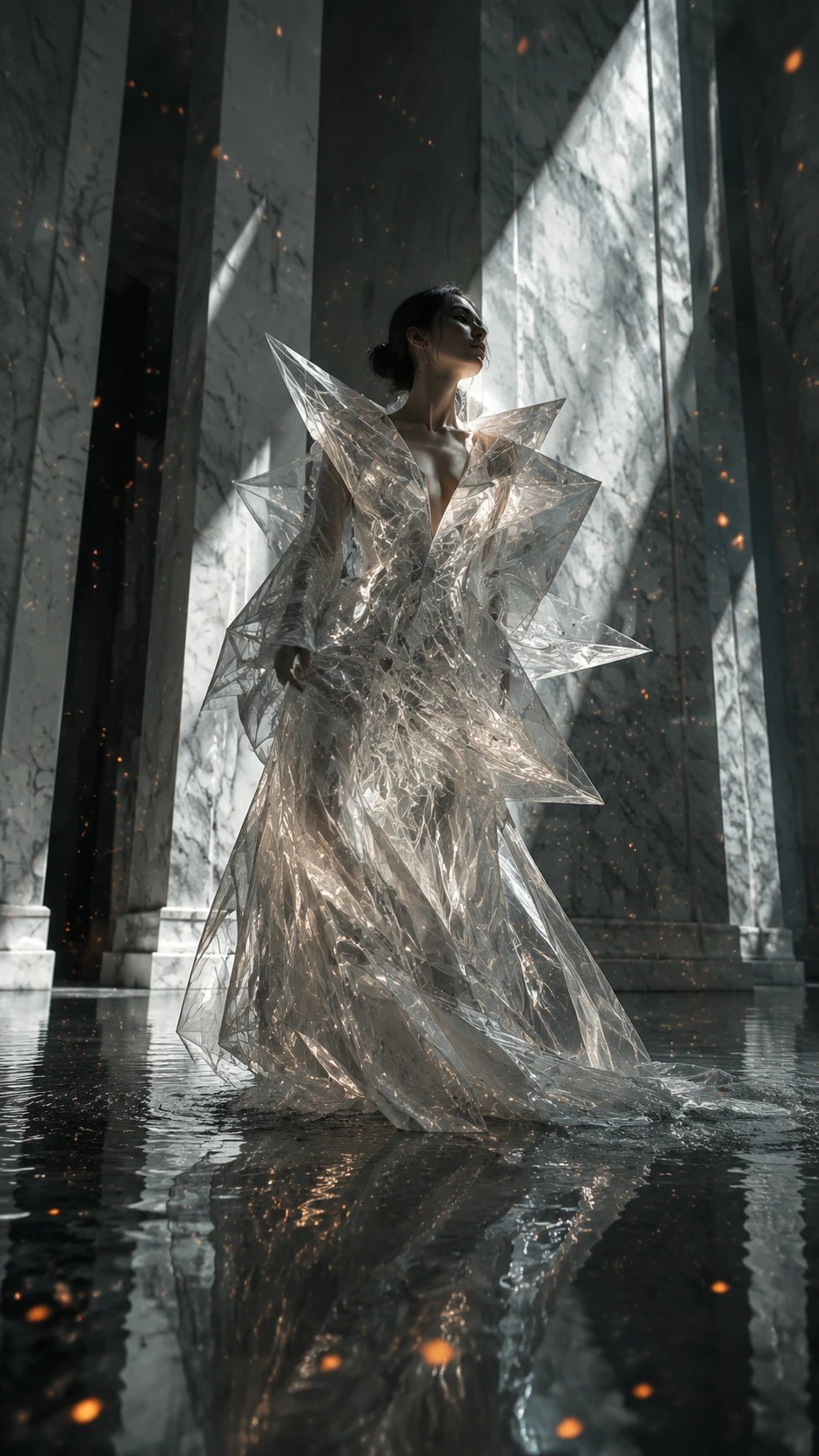 Mujer de moda surreal con vestido de organza en salón de mármol