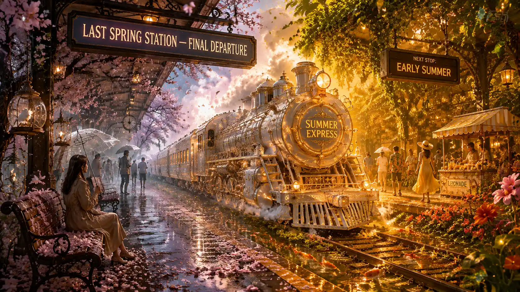 Surreal train station divided between spring rain and summer sun
