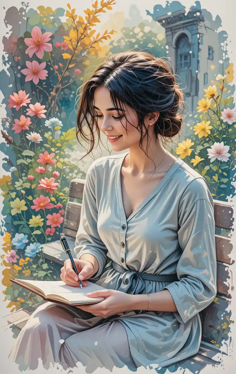 Woman writing in a notebook on a garden bench