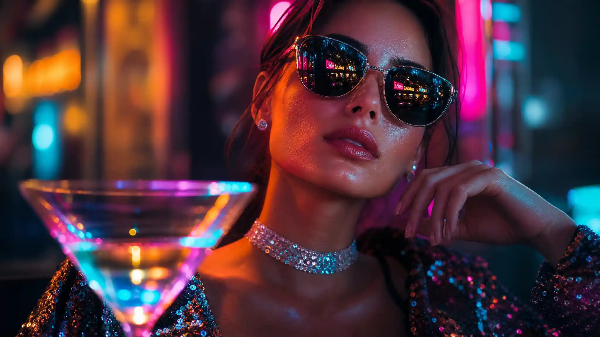 Woman with neon reflections and martini glass at night