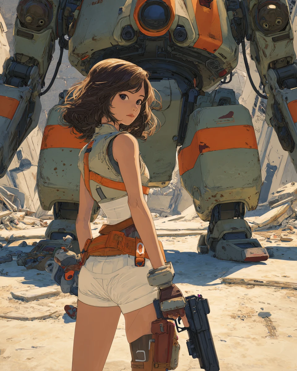 Mujer de anime de ciencia ficción con mecha en un desierto posapocalíptico