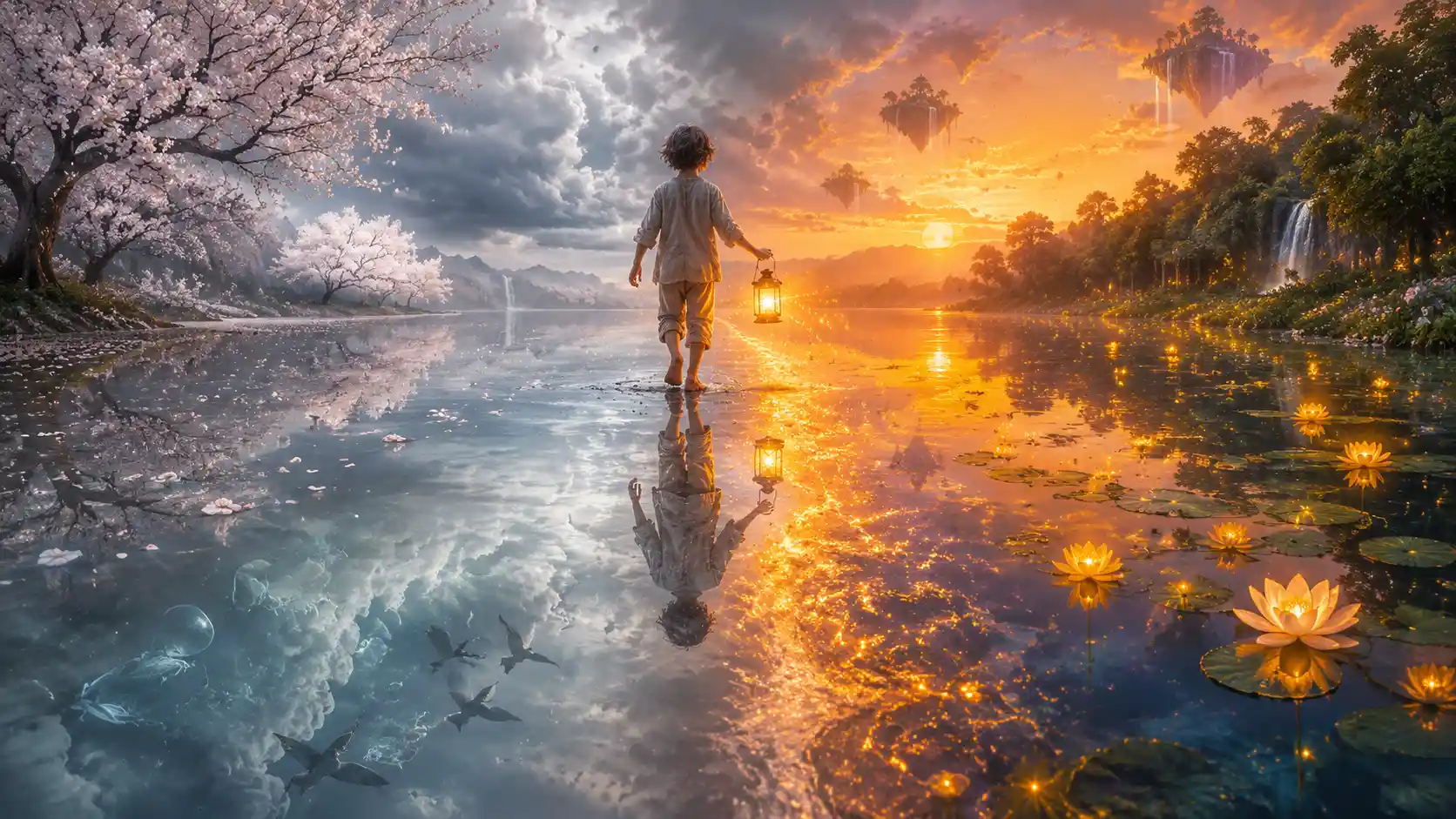 Child With Lantern Walking Between Spring And Summer Reflections