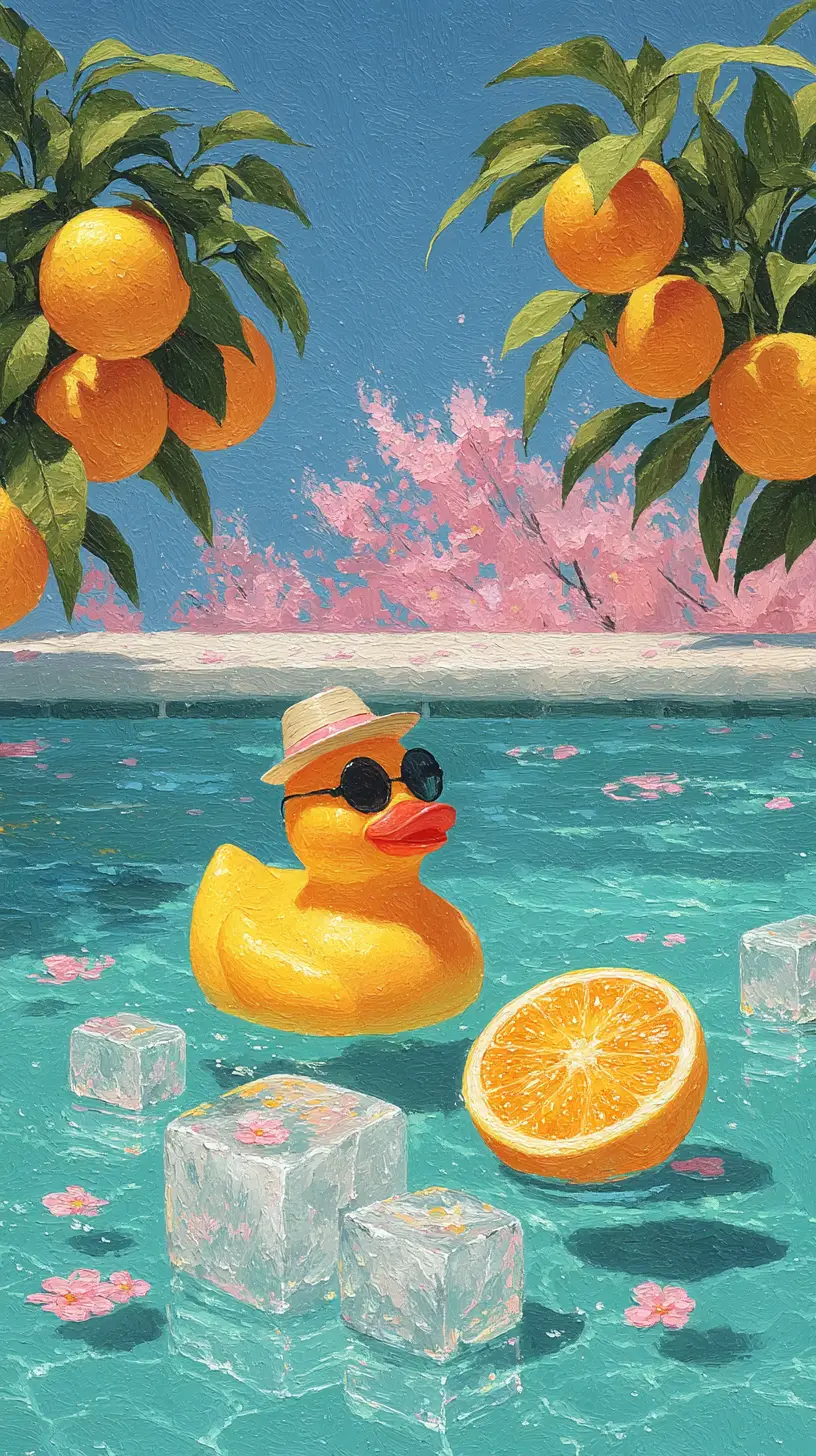 Surreal Orange Juice Pool With Rubber Duck And Flowers