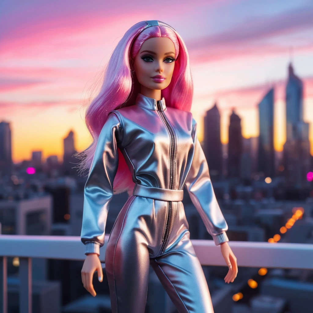Cyberpunk woman with neon hair in sunset cityscape glow
