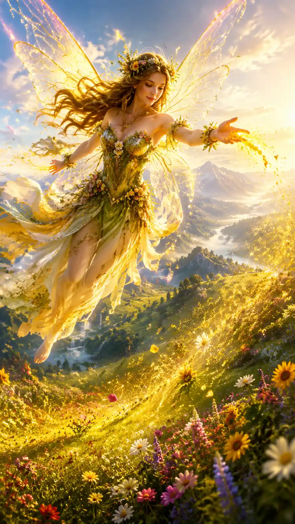 Summer fairy scattering golden pollen over blooming fields