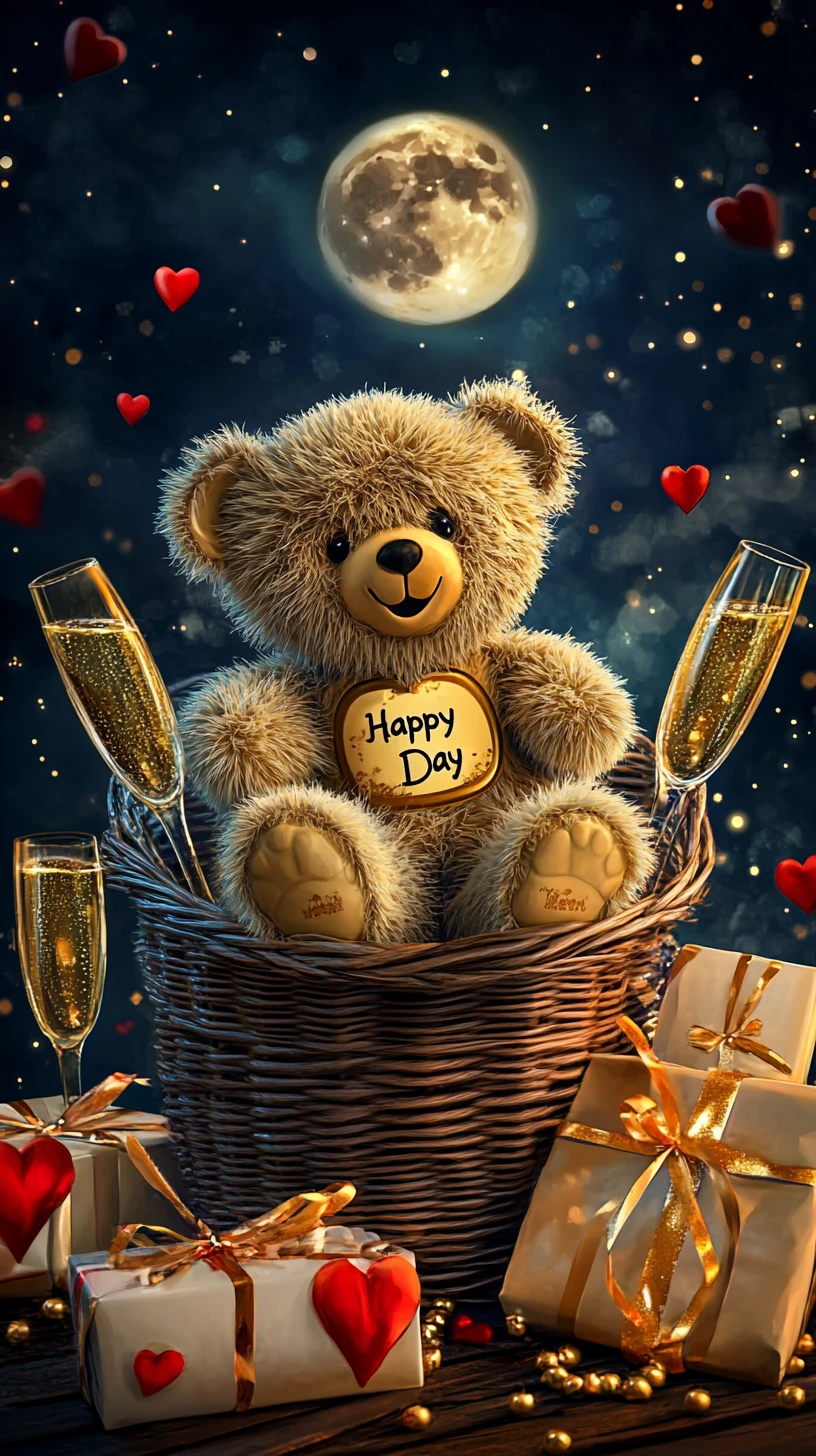 Cesto regalo festivo con orsacchiotto, champagne e fiocchi