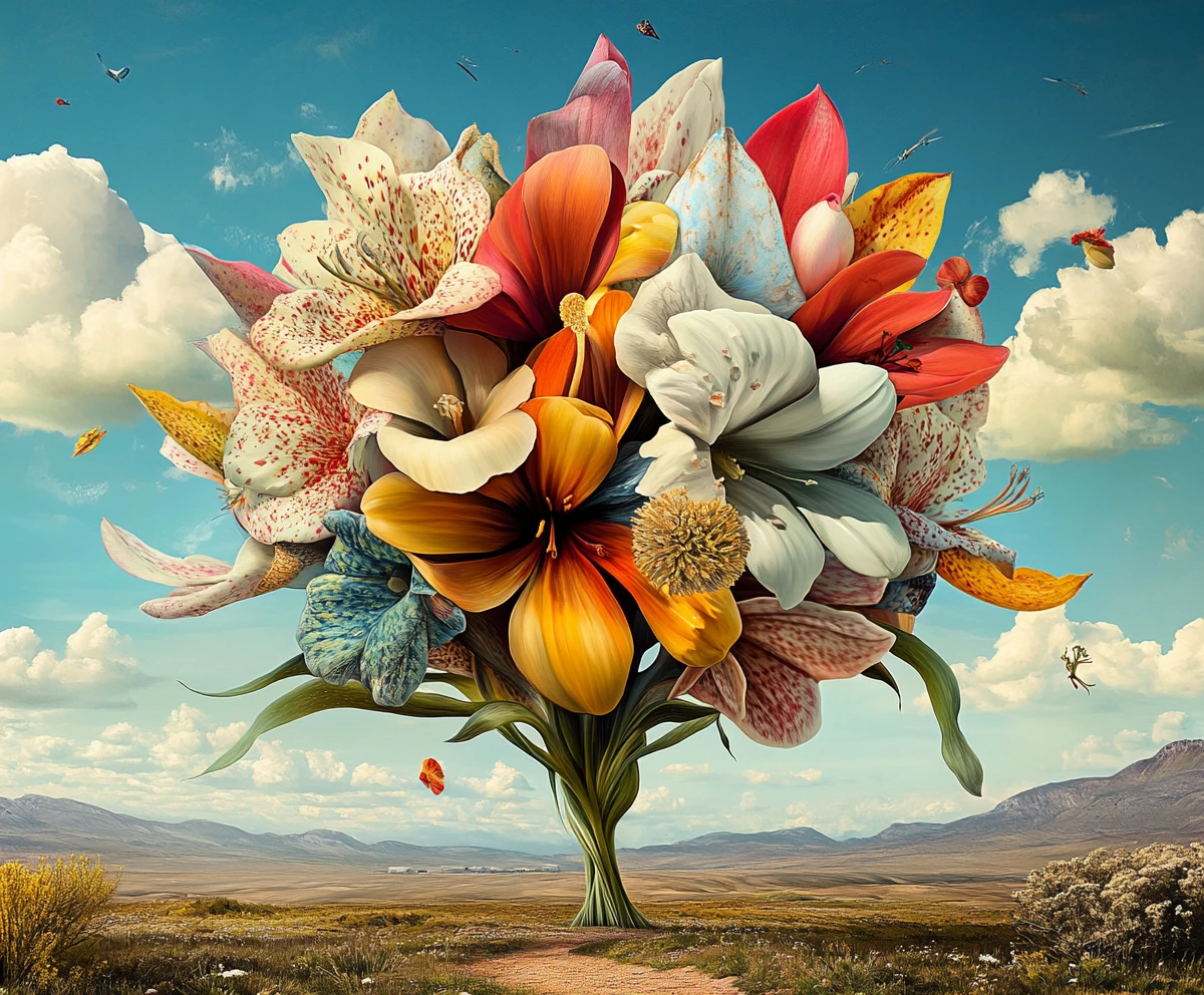 Ilusión surrealista de una extraña escena floral con múltiples imágenes