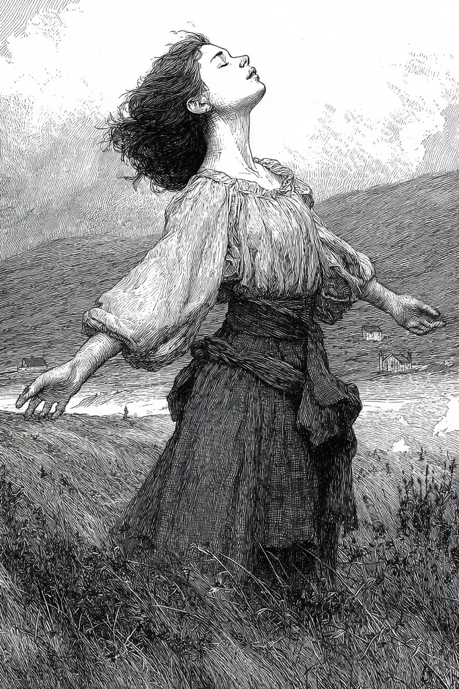 Highland girl in windswept heather engraving illustration