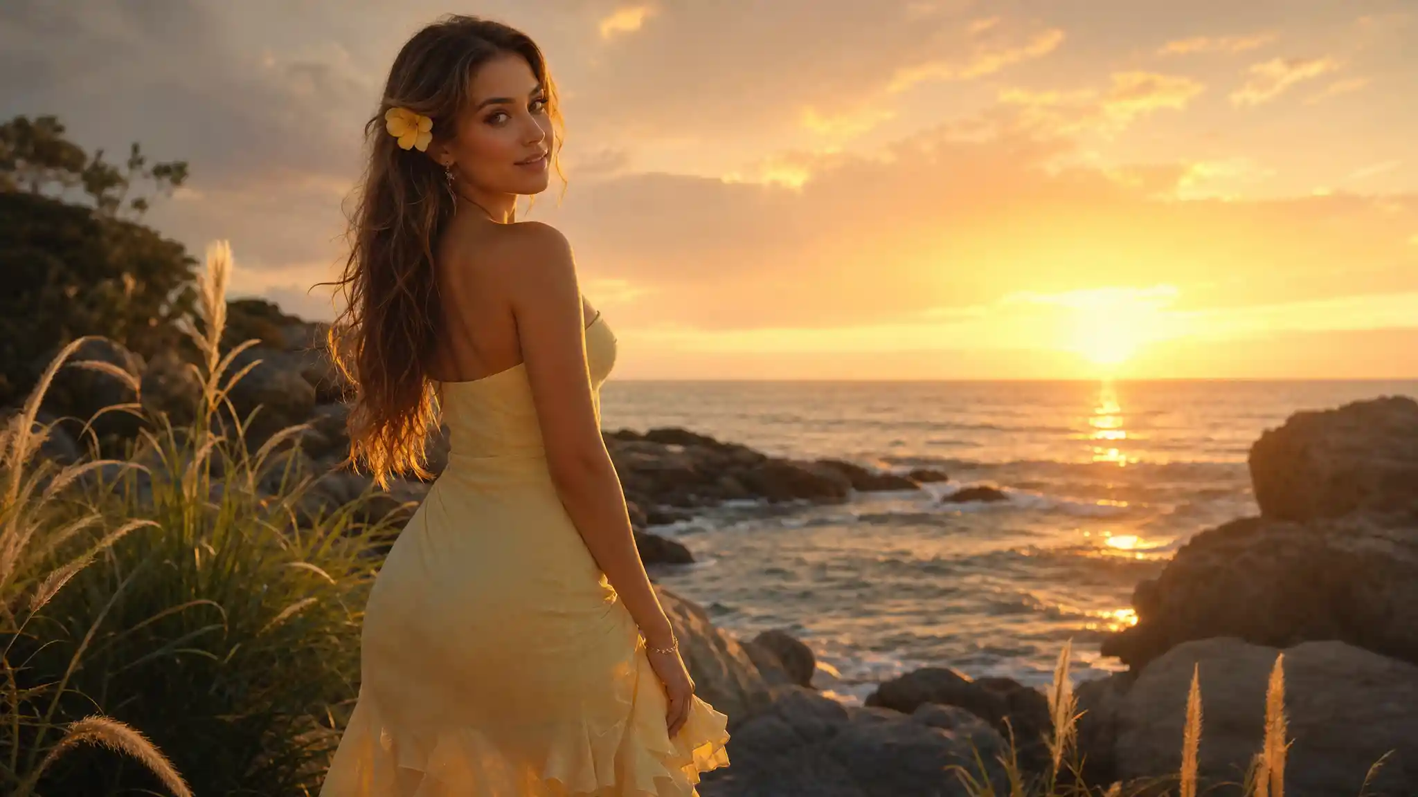 Young woman in yellow dress by the sunset sea