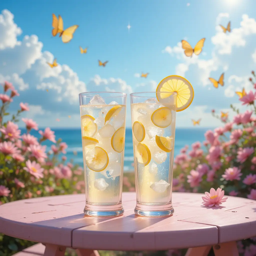 Two Icy Lemonades On Pastel Picnic Table In Sunlight