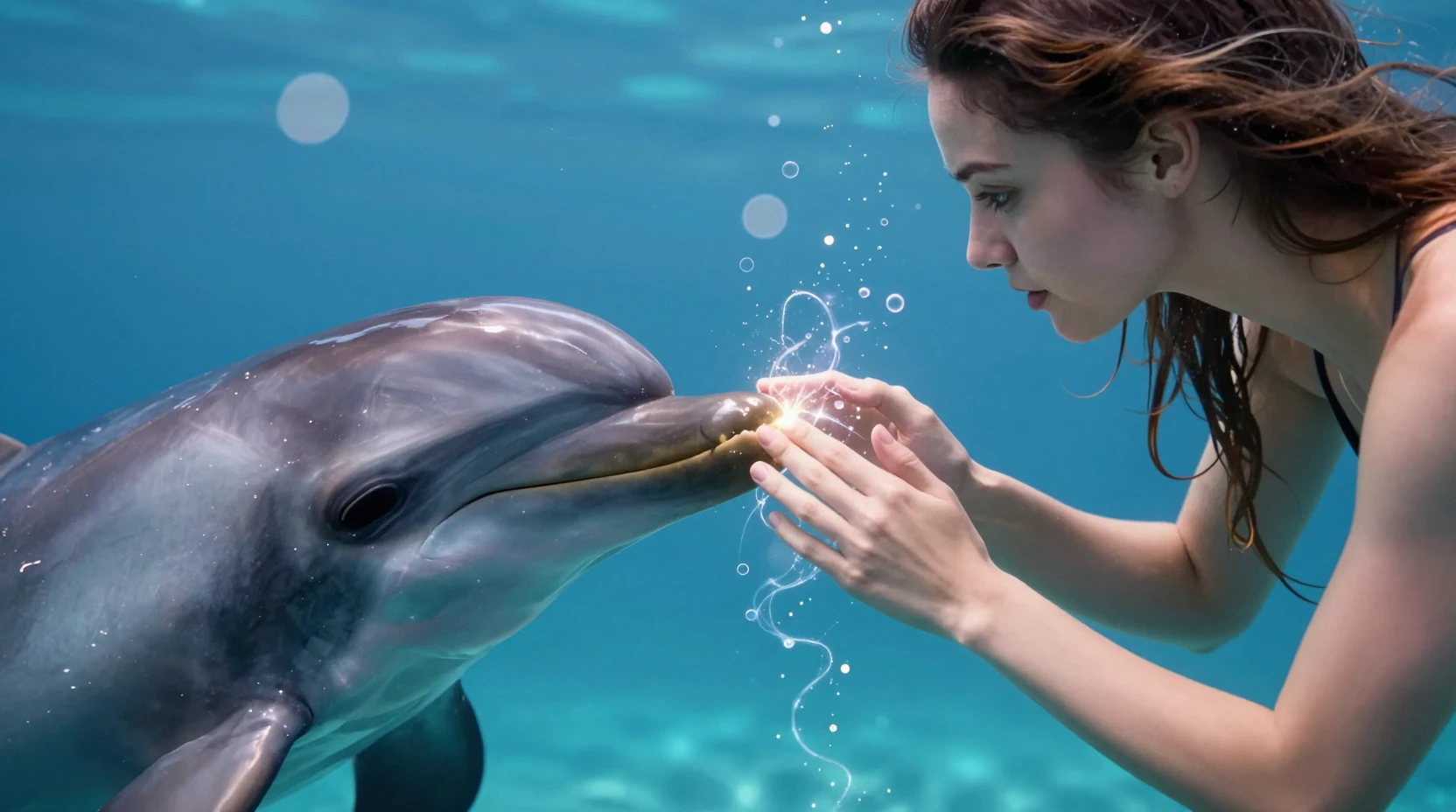Meerjungfrau heilt einen verletzten Delfin in einer leuchtenden Unterwasserszene