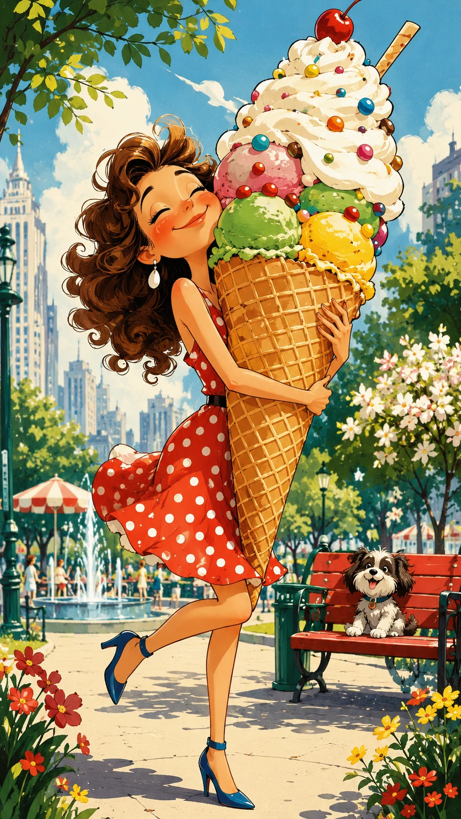 Smiling woman hugging a giant summer ice cream cone