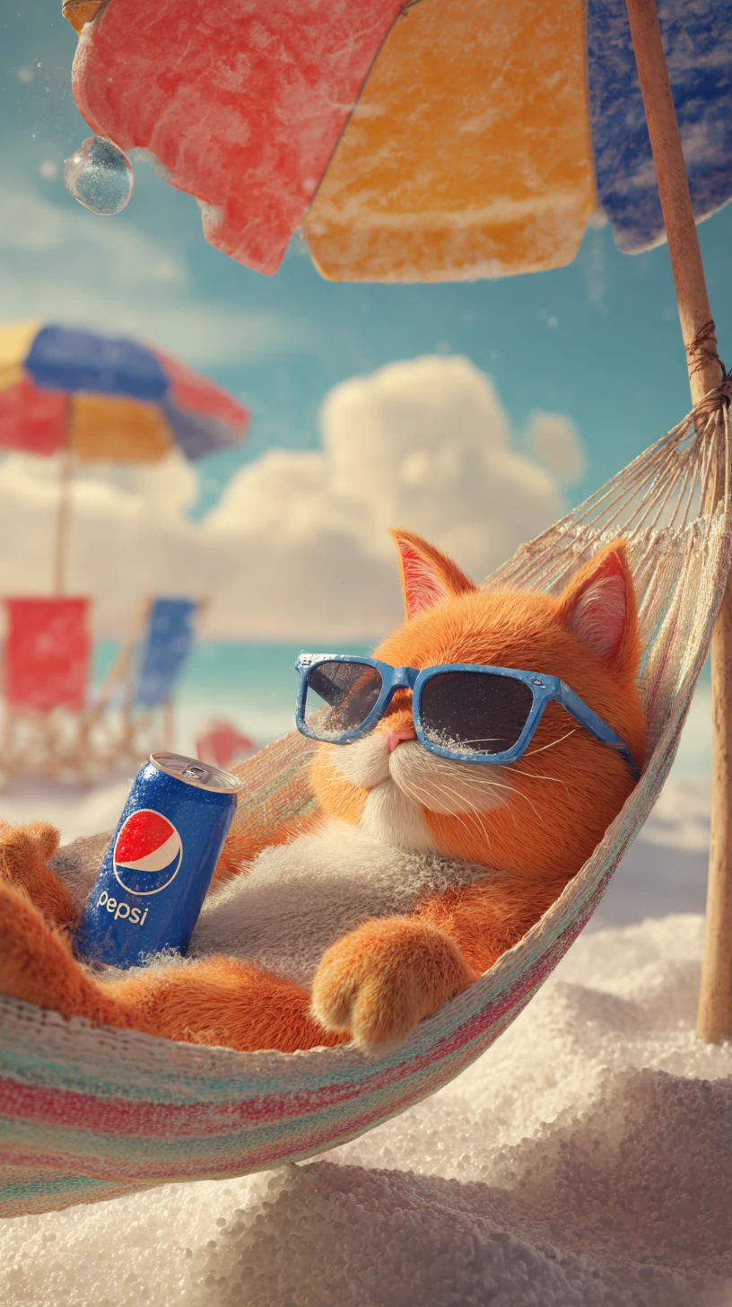 Relaxed 3D Orange Cat Lounging In A Beach Hammock