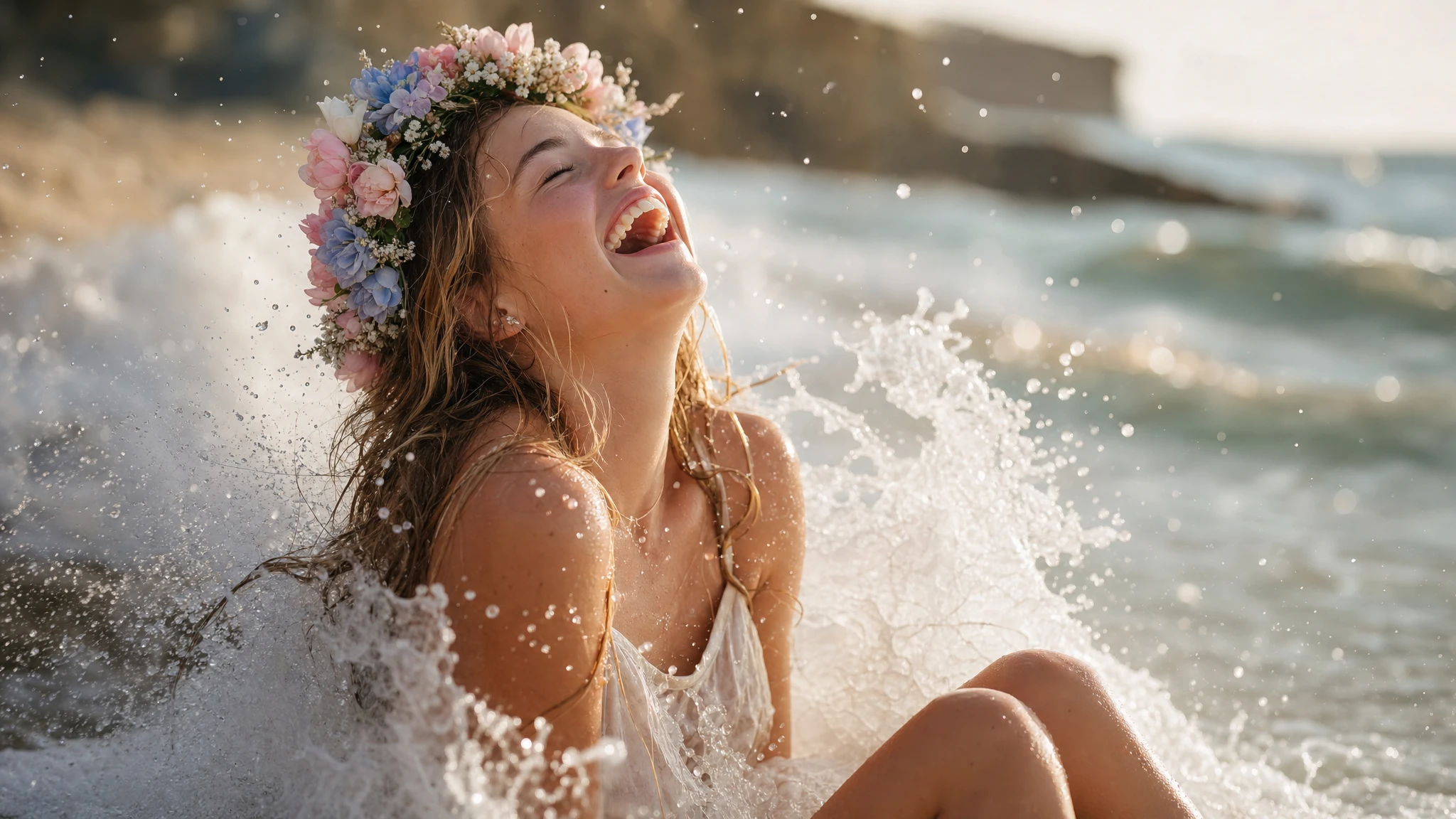 Young woman laughing in sunlight by crashing ocean waves