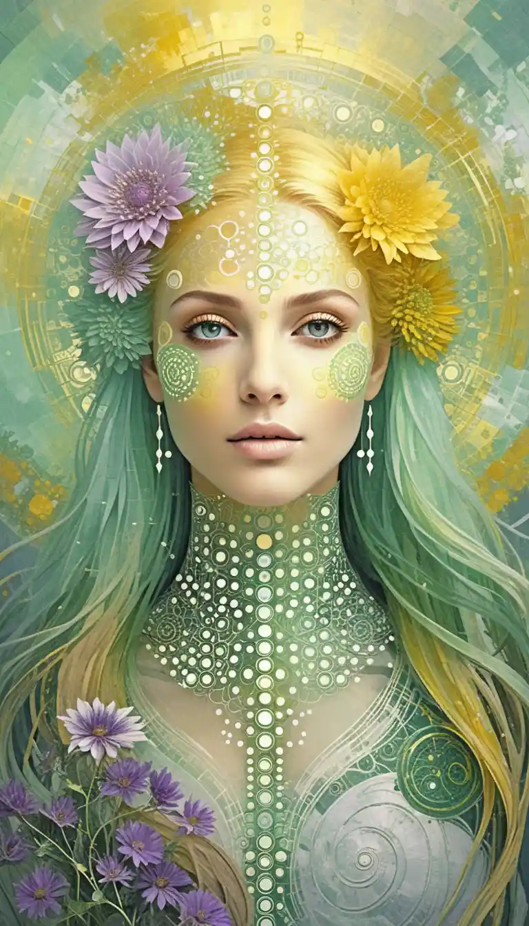 Fantasy woman with flowers in golden harmonic energy