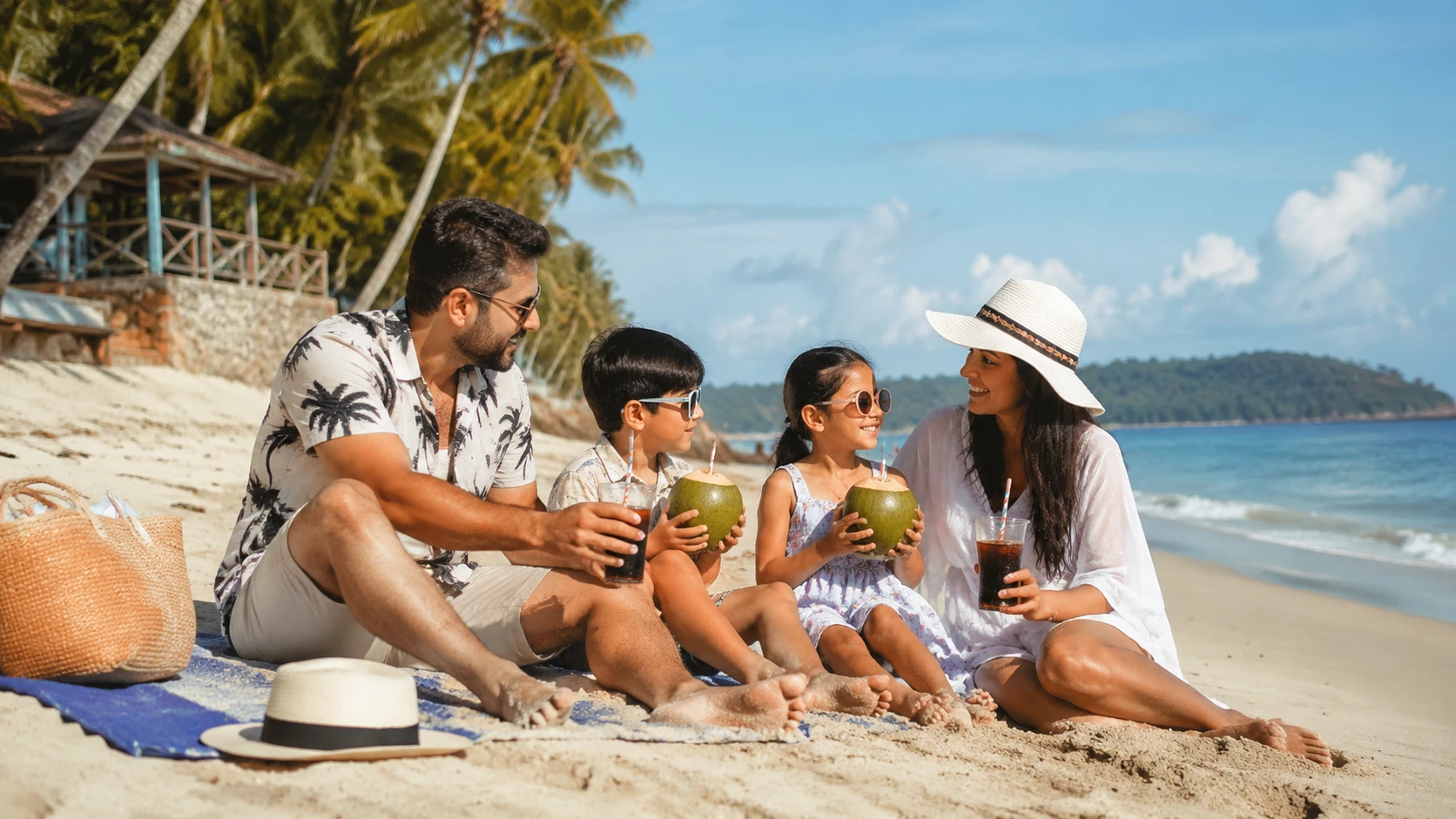 Happy family enjoying summer drinks together on the beach