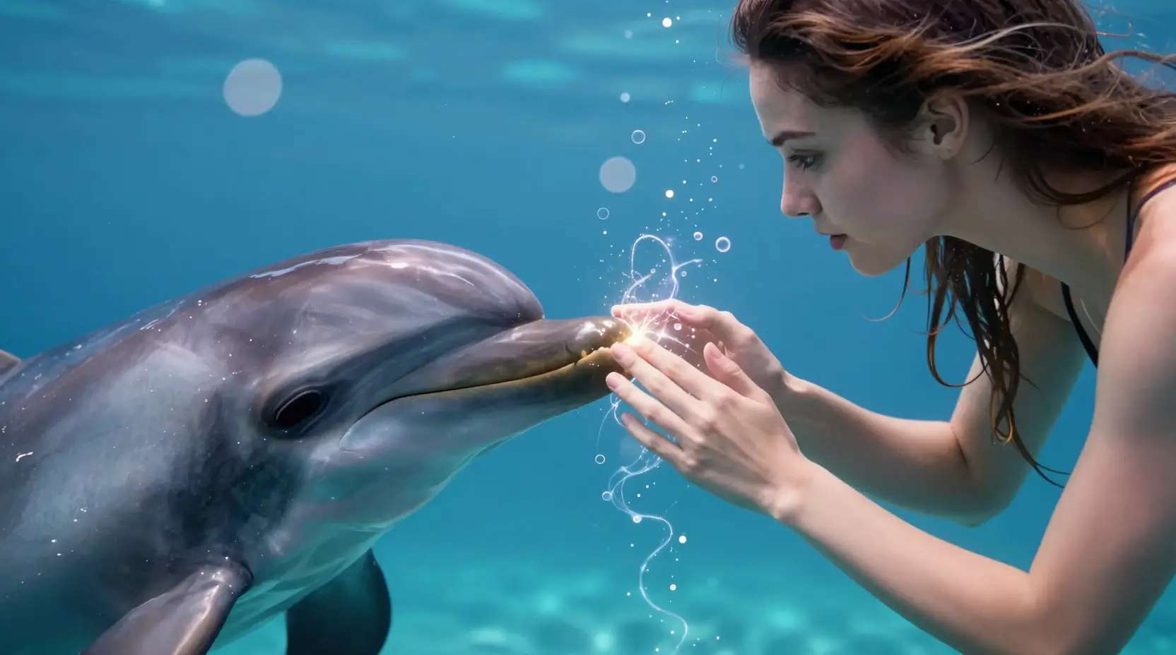 Mermaid healing a wounded dolphin in a glowing underwater scene