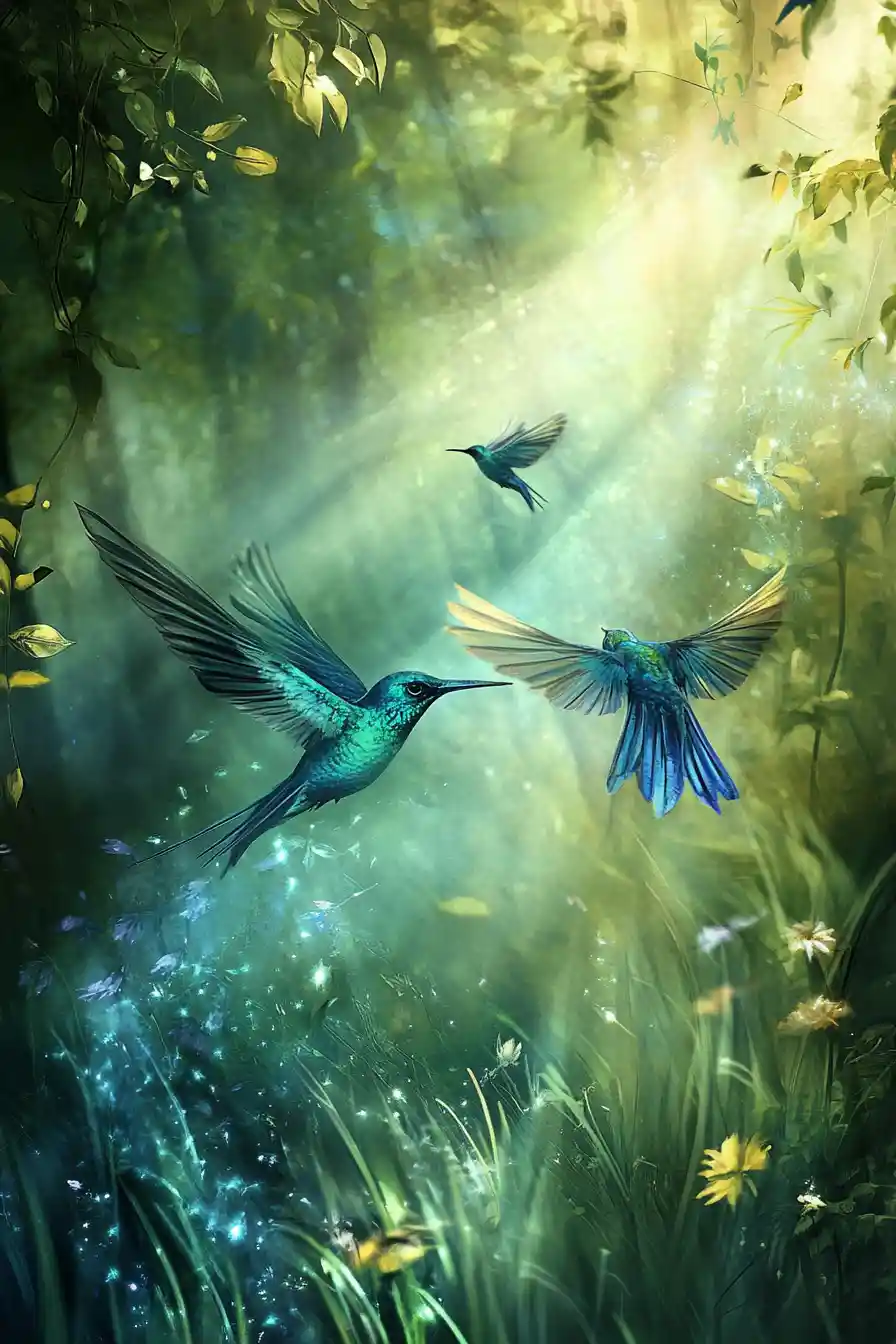 Mystical blue sky over golden grass and shining birds