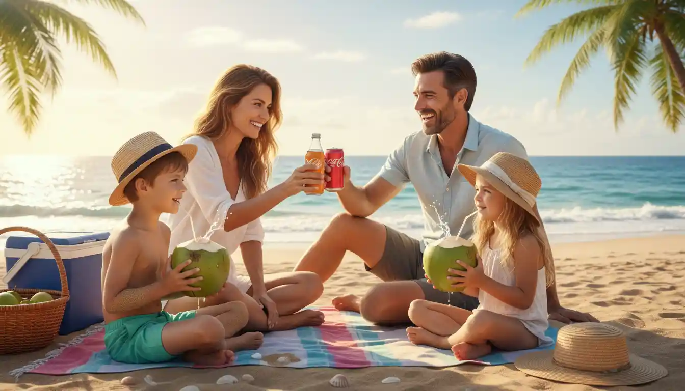 Happy family enjoying summer drinks together at the beach