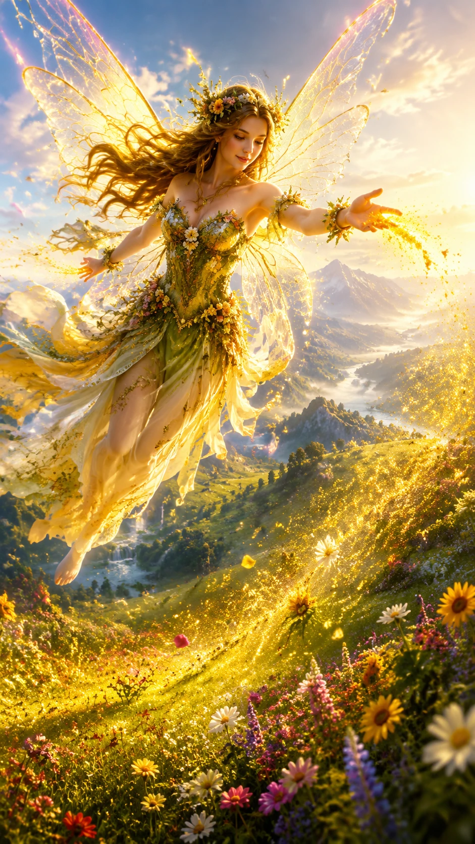 Summer fairy scattering golden pollen over blooming fields