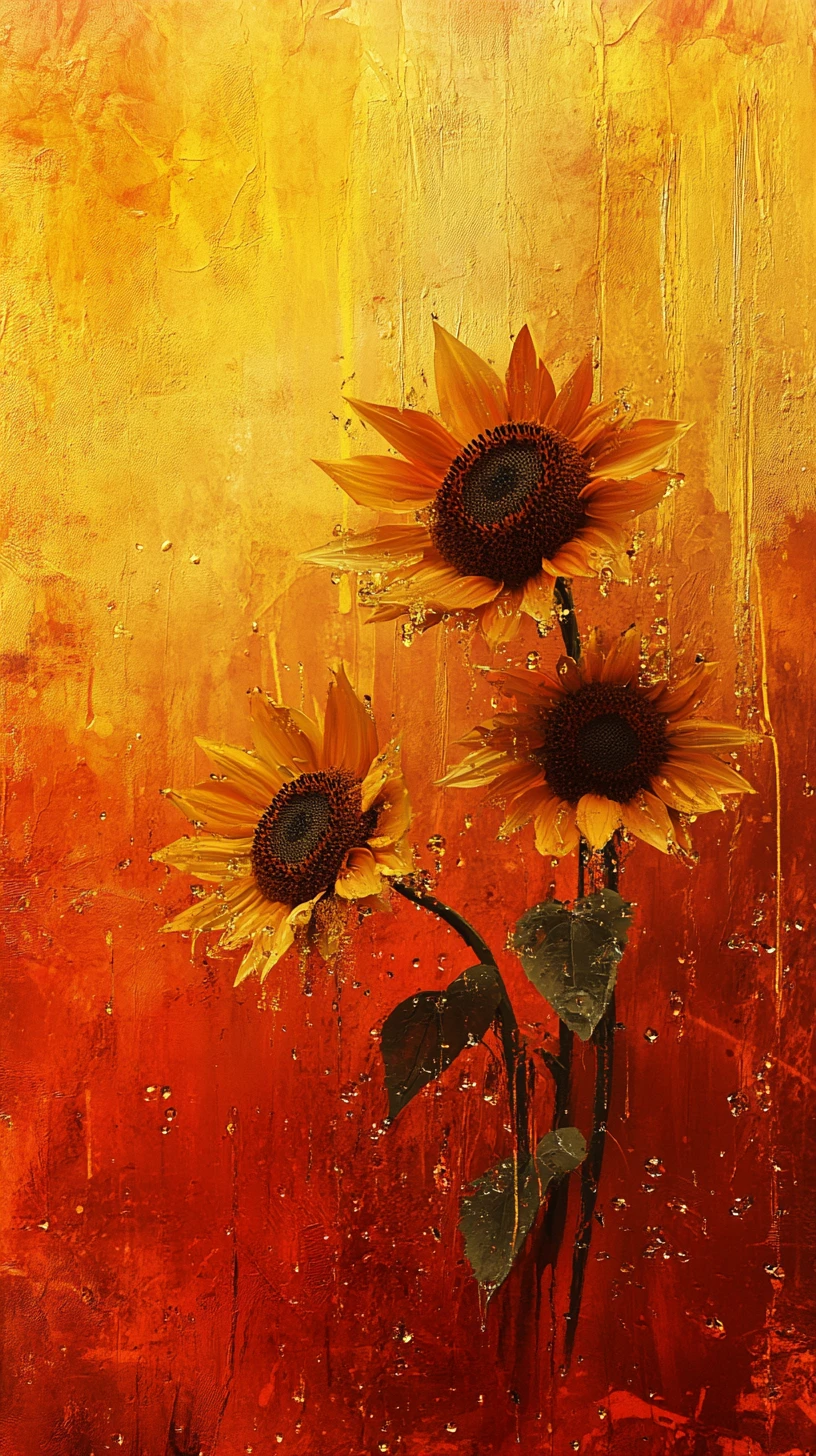 Melancholic sunflowers against fiery abstract painted background
