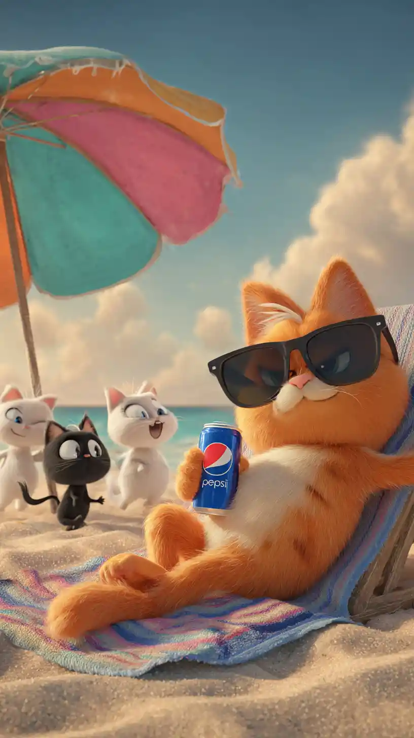 3d orange cat relaxing on a beach towel
