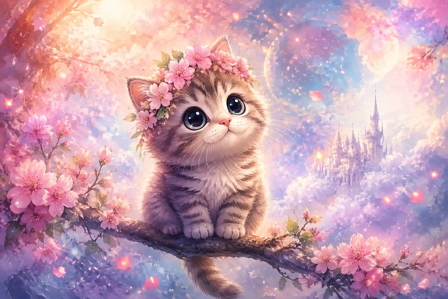 Cute watercolor kitten with cherry blossom crown