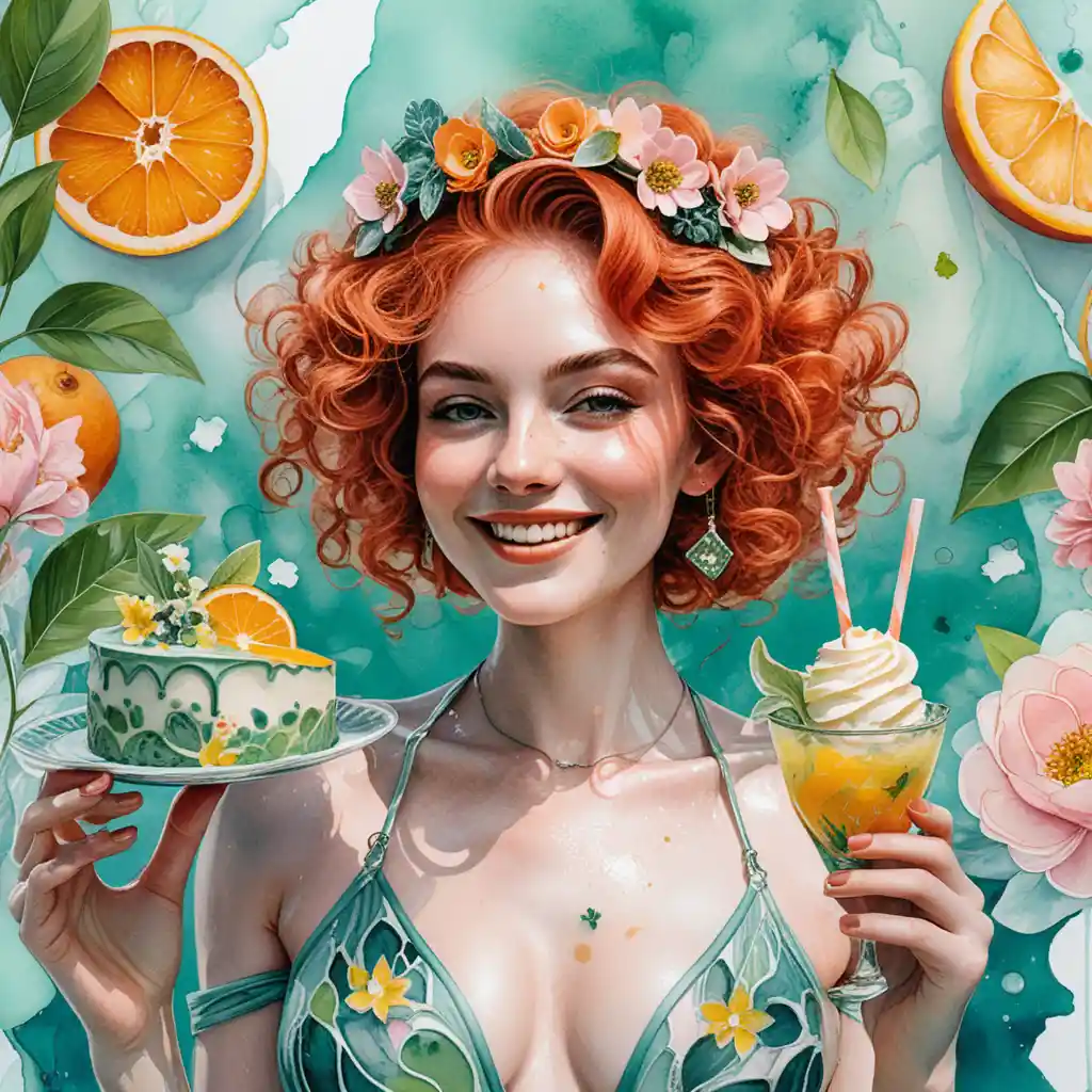 Woman with spring flowers holding orange cocktail dessert