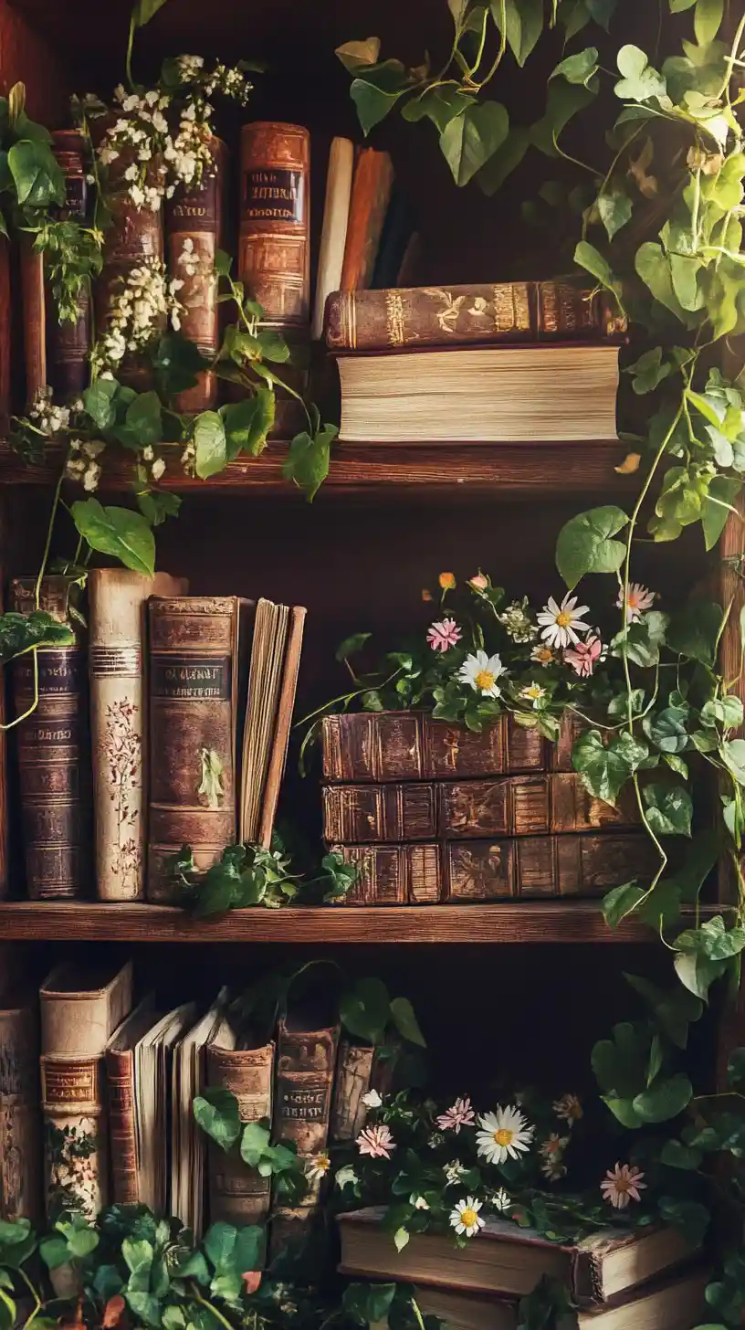 Rustic bookshelf of spellbooks with vines and sunlight