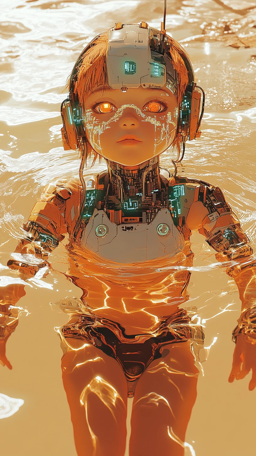 Mujer chibi futurista en agua cibernética reflectante