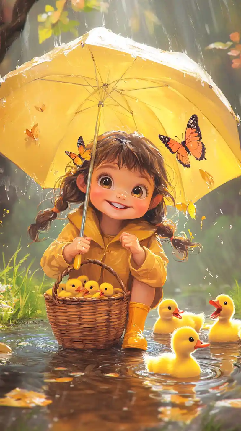 Little girl in yellow raincoat playing with ducklings