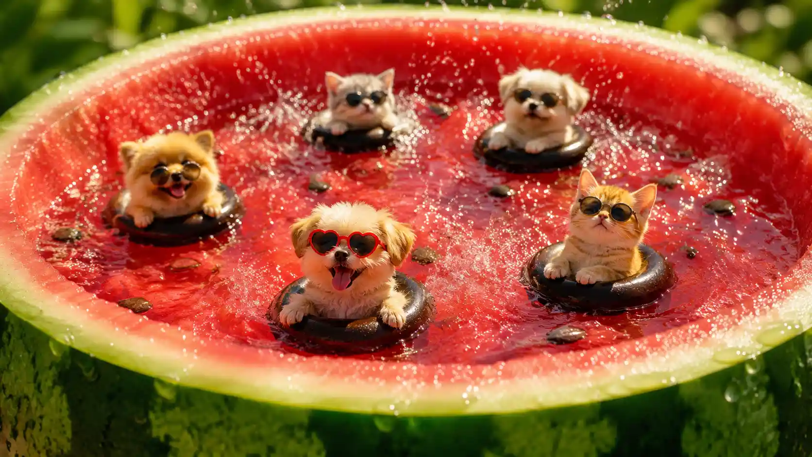 Playful Pets Swimming In A Giant Watermelon Pool