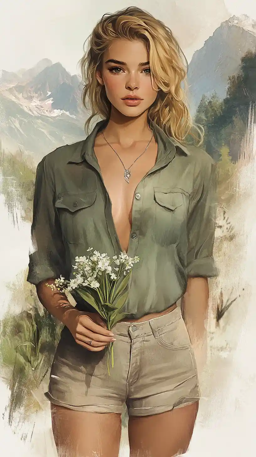 Romantic blonde woman holding lilies before mountain watercolor