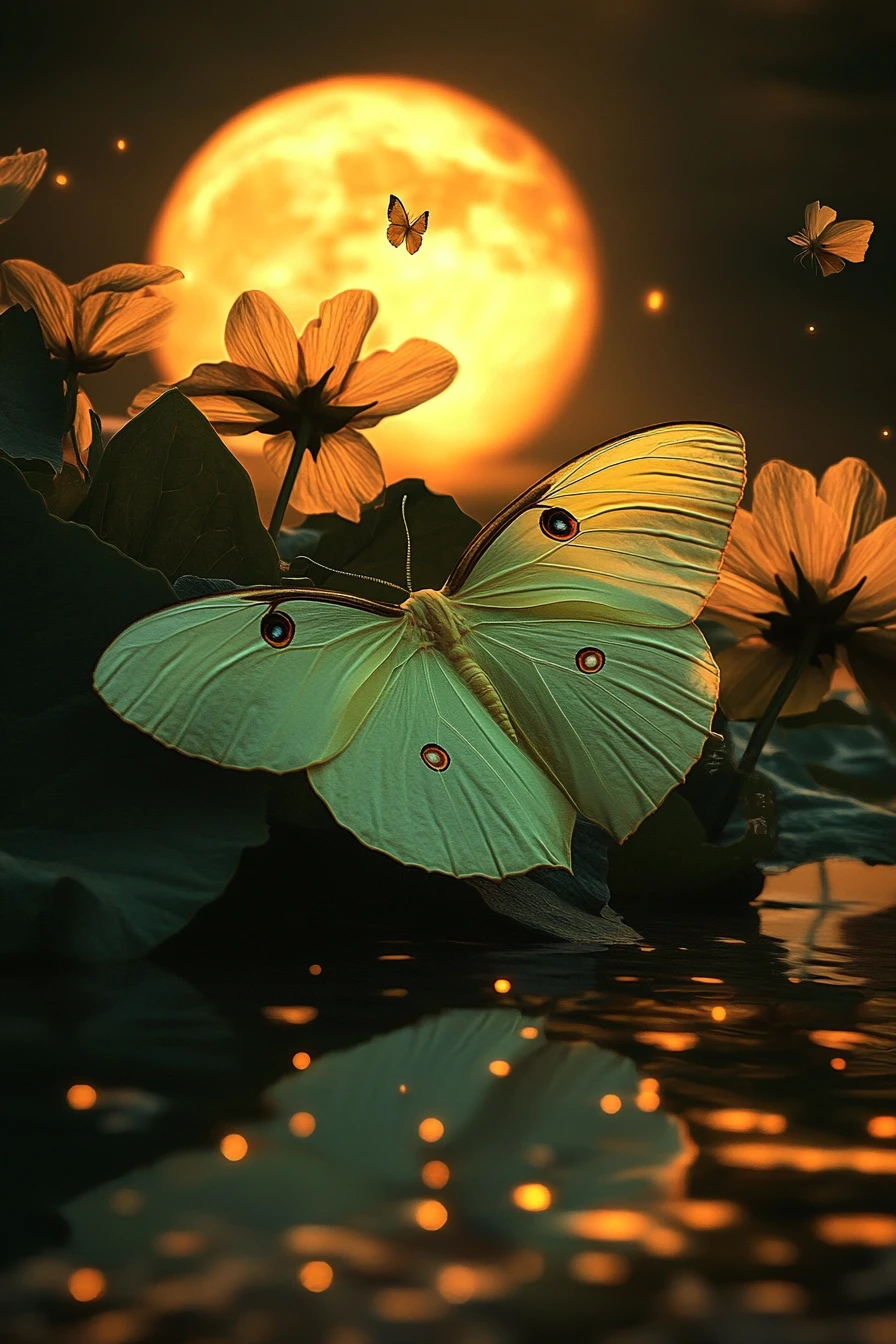 Luna moth drifting under a golden summer moon