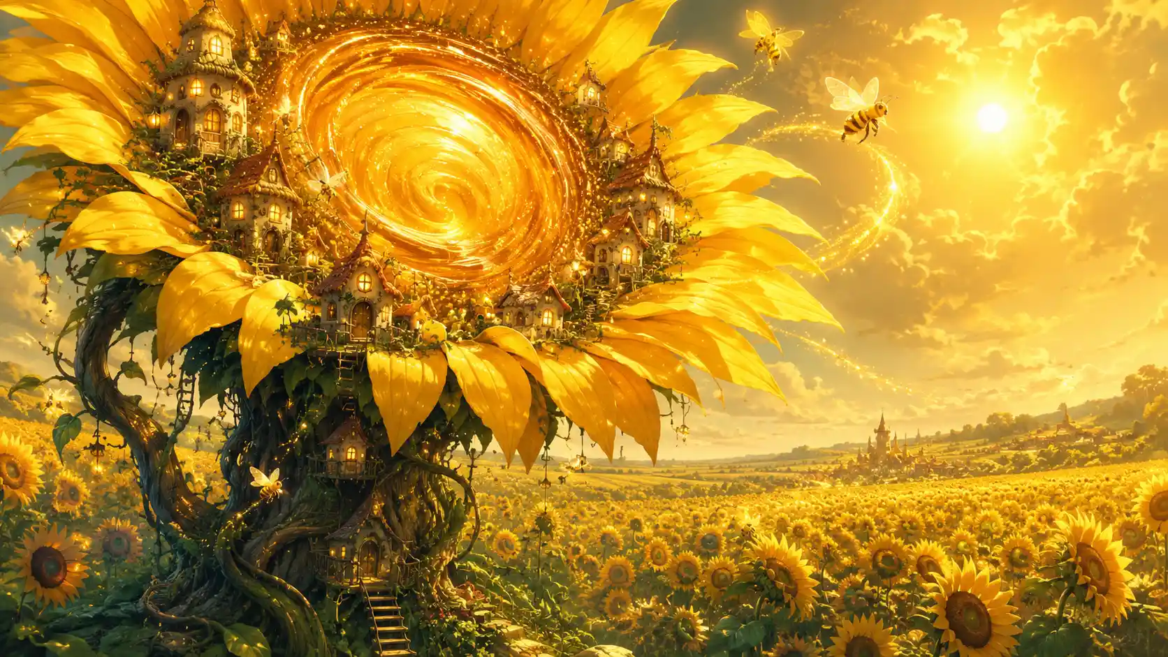 Giant magical sunflower rising above a tiny fantasy village
