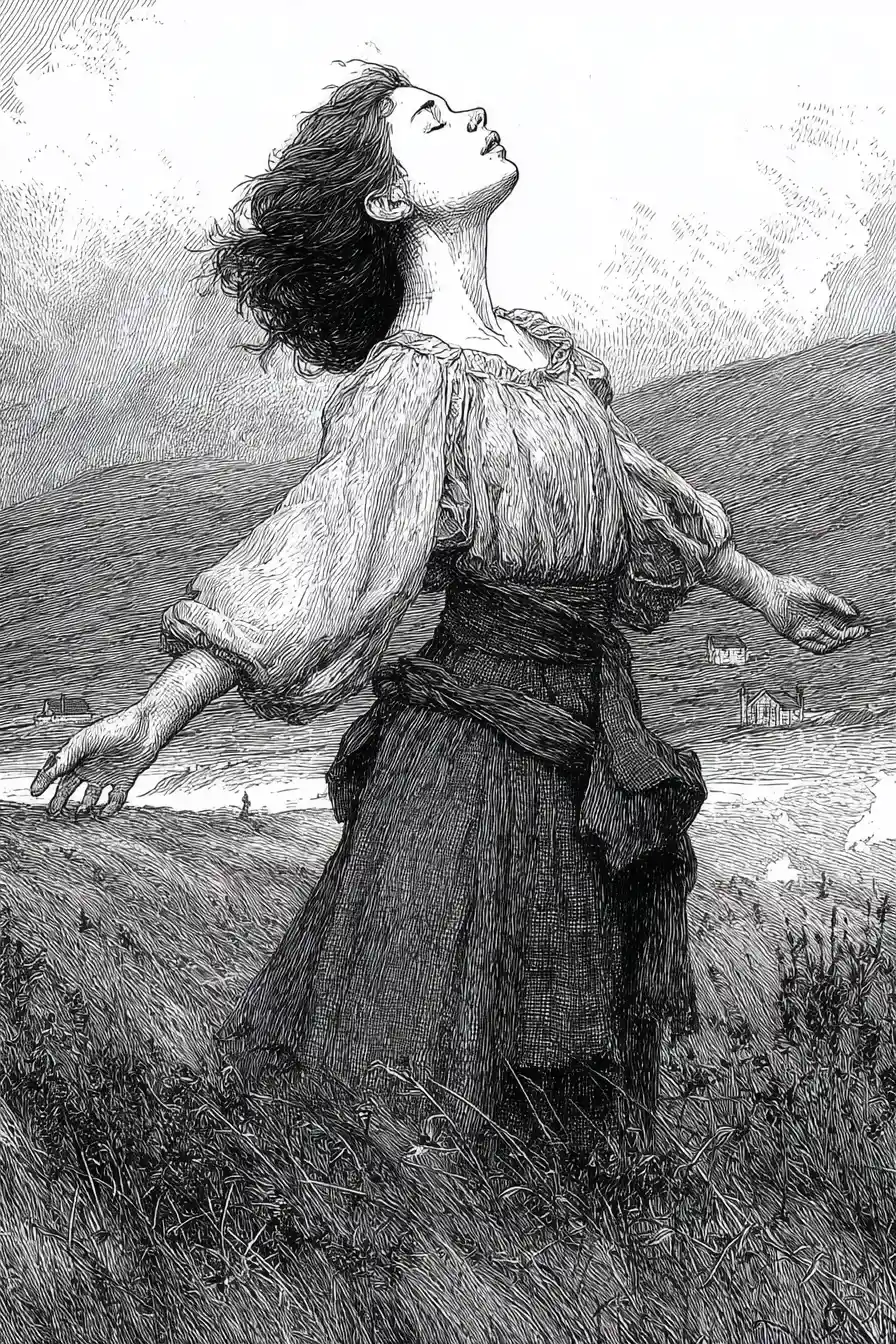 Highland girl in windswept heather engraving illustration