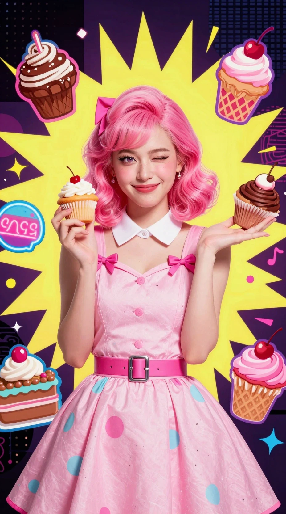 컵케이크를 든 장난기 있는 분홍 머리 소녀의 팝 아트 장면