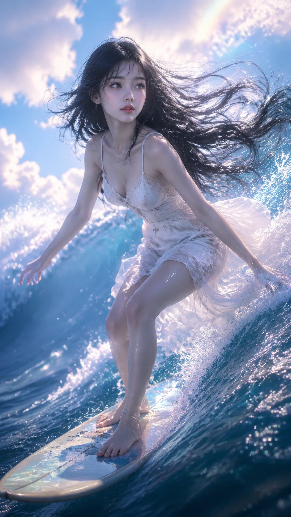 Ethereal dark haired girl riding a glowing summer wave