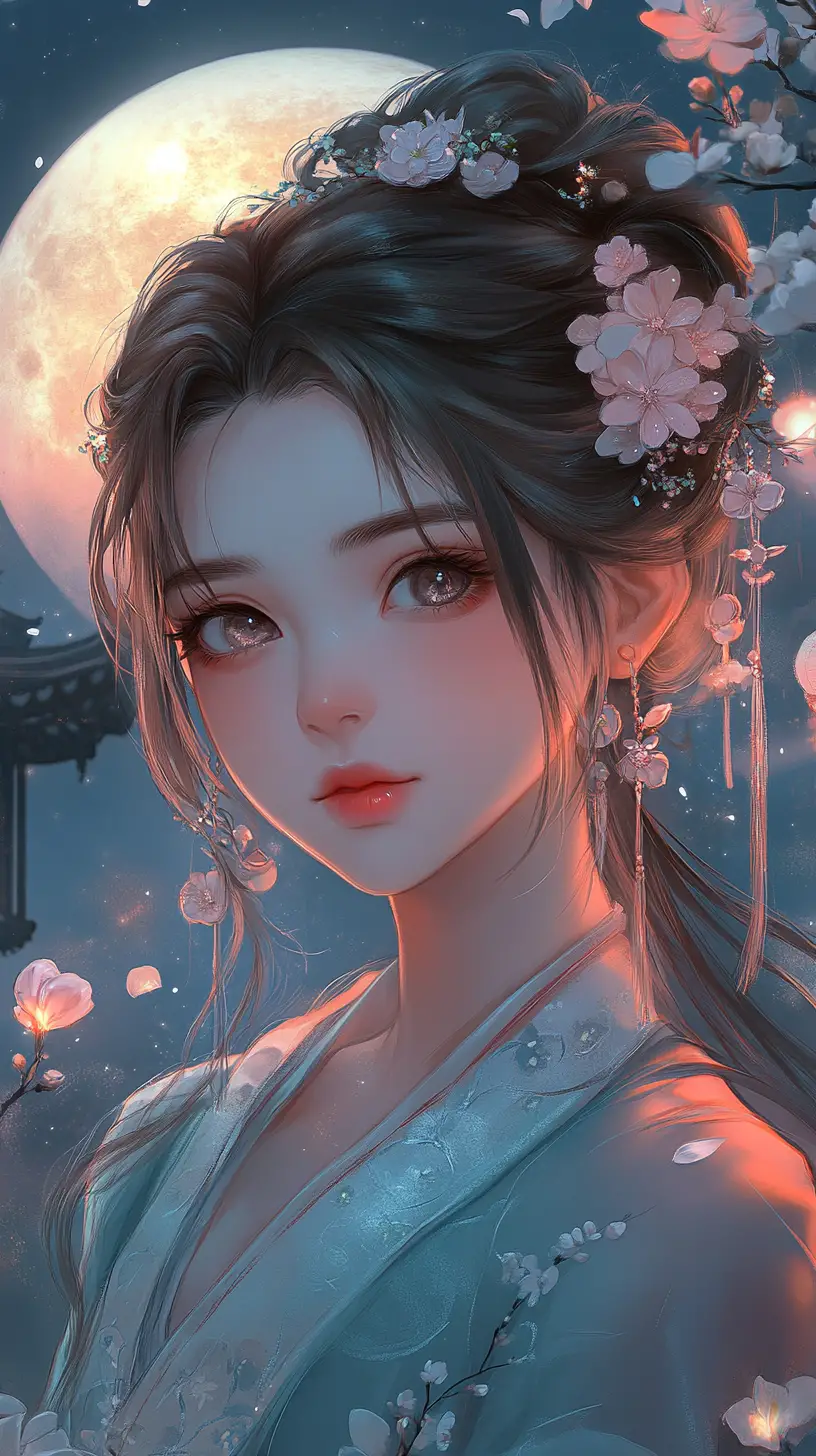 Anime girl under moonlit sky with cherry blossoms