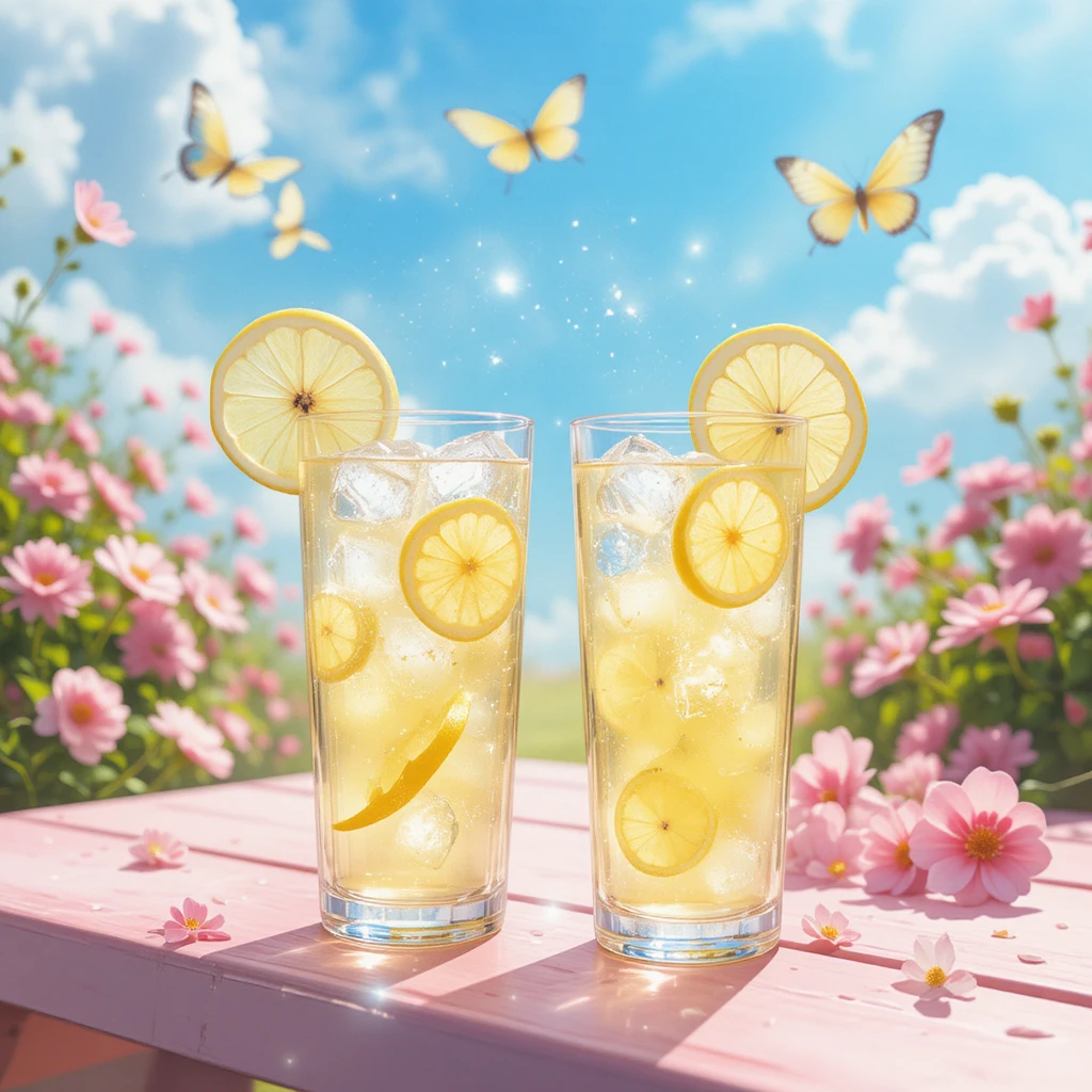 Two lemonades on a pastel picnic table in summer