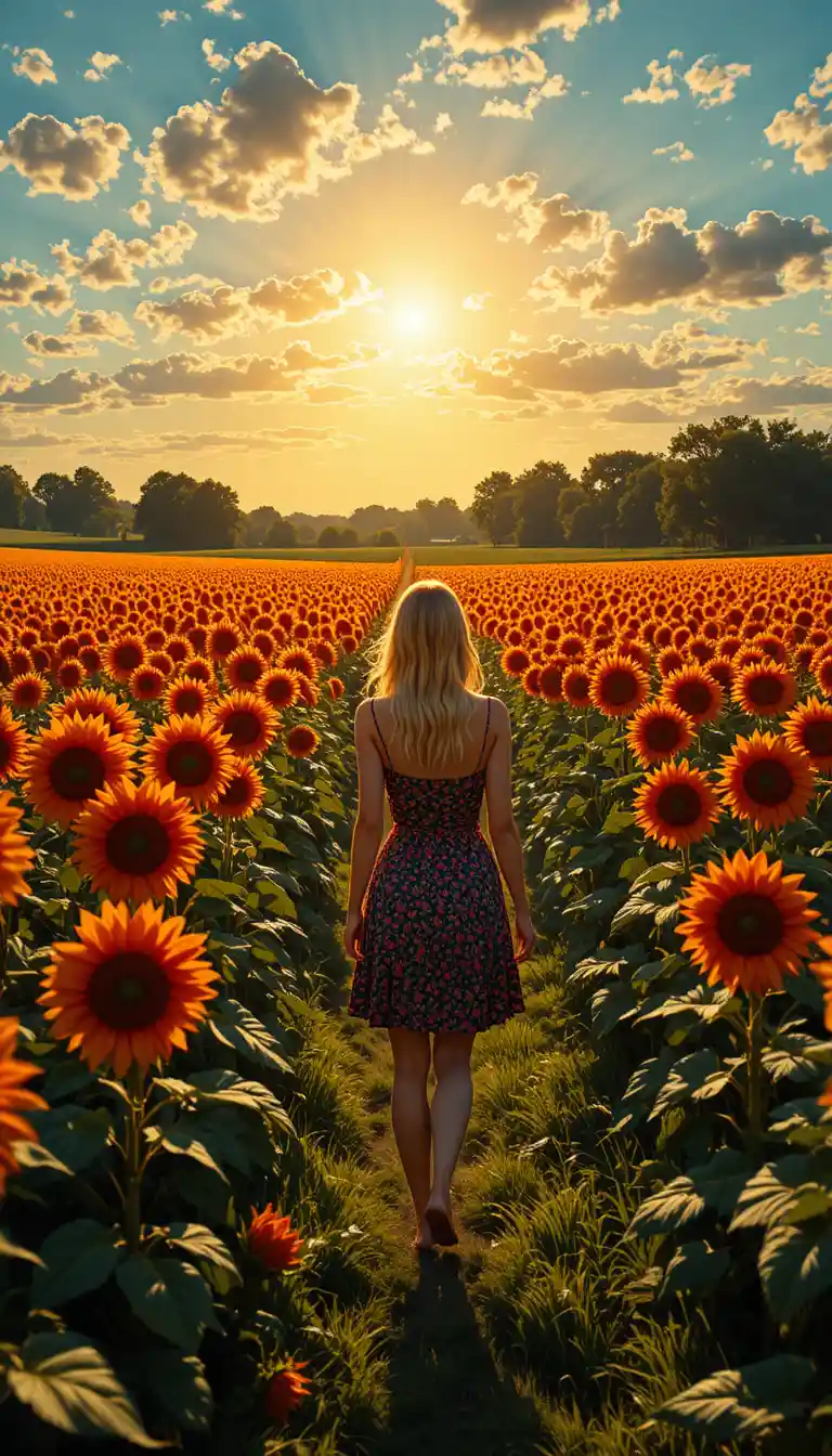 Blonde woman walking through red sunflowers at sunset