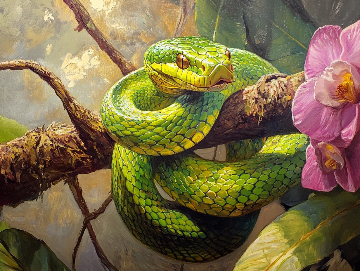 Mamba verde enroscada en una rama de la jungla en pintura al óleo