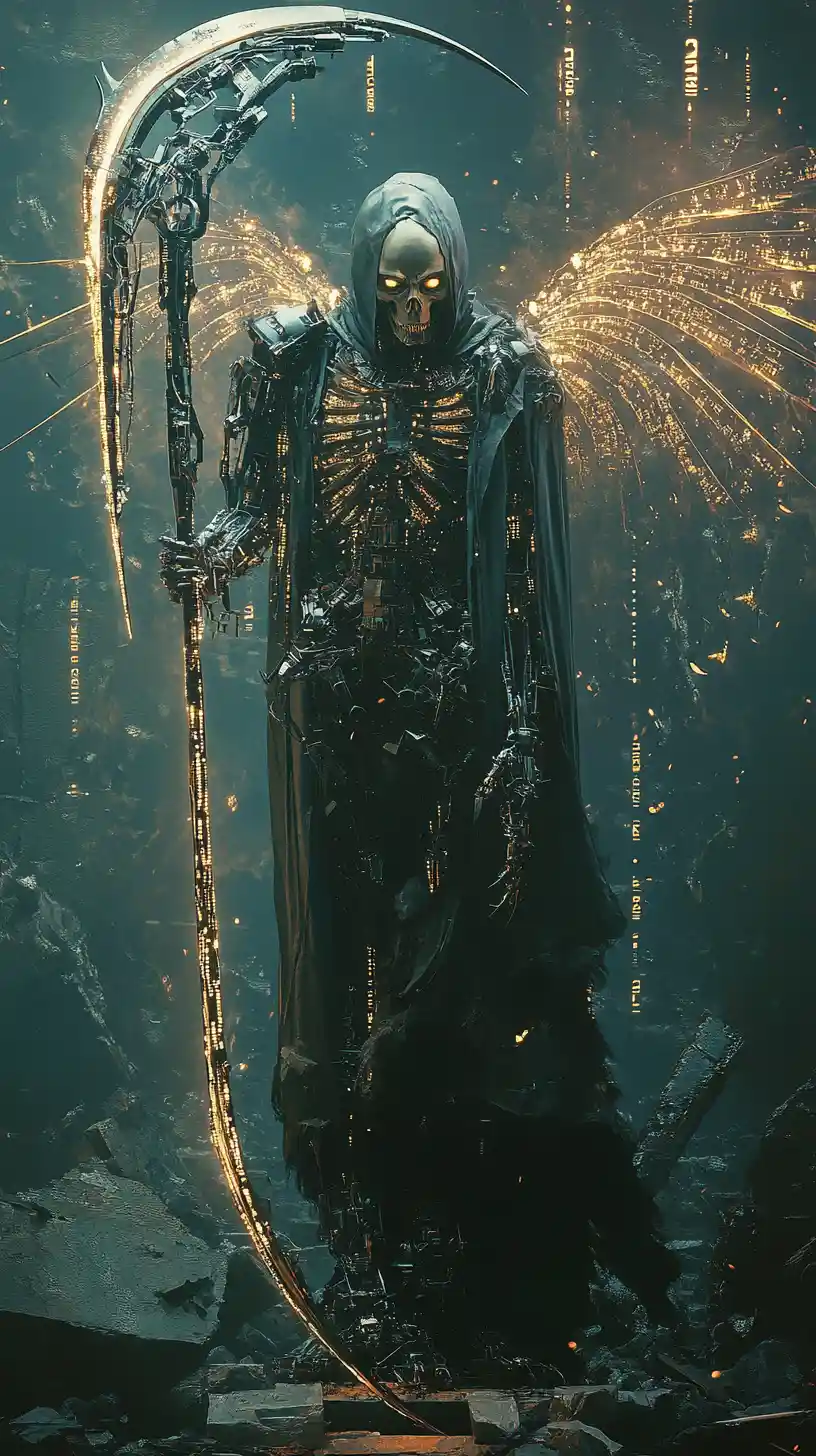 Cybernetic grim reaper with data scythe and code wings