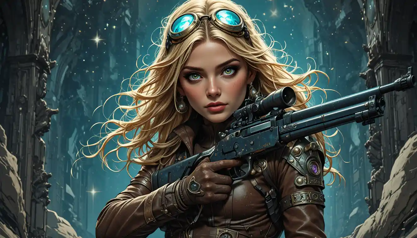 Futuristic gunslinger woman in a cosmic leather coat