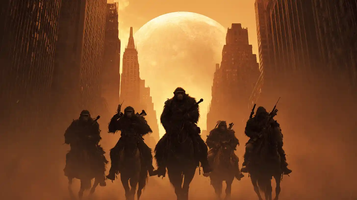 Warrior group in a ruined post apocalyptic New York street