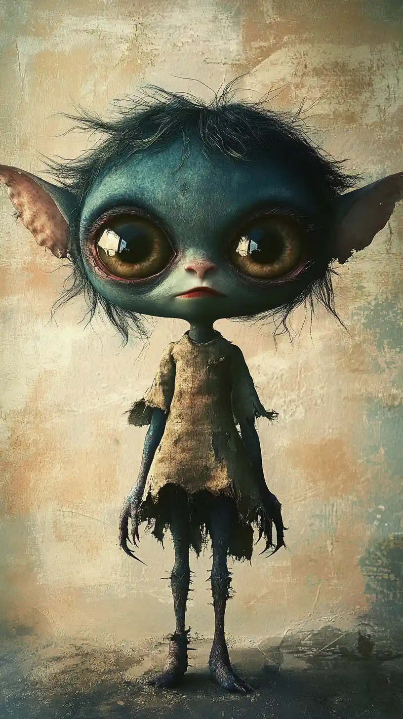 Dreamy gothic gremlin girl in a lush fantasy forest